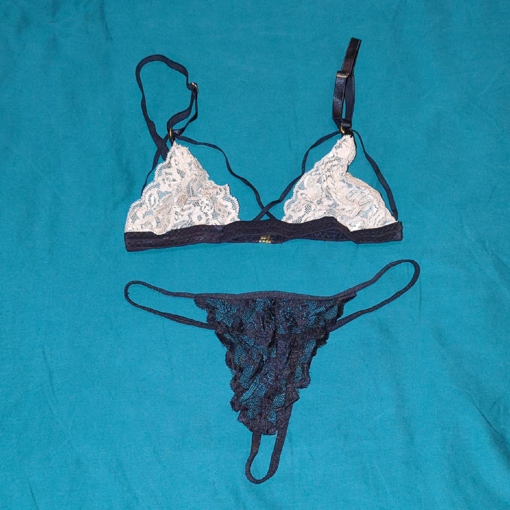 Lace Bralette and Panty Lingerie Set - Black and Taupe